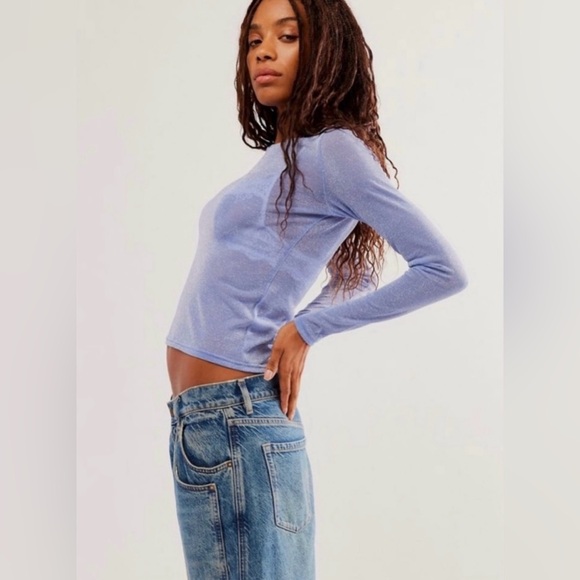 Free People Blue Shimmer Long Sleeve Top - Picture 1 of 6
